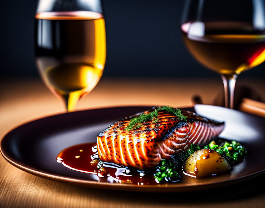 Grilled salmon fillet with glaze, herbs, lemon, and white wine on plate