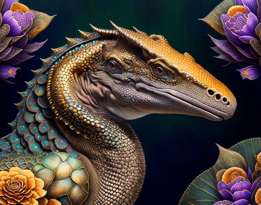 Detailed dragon head illustration with textured scales and purple flowers.