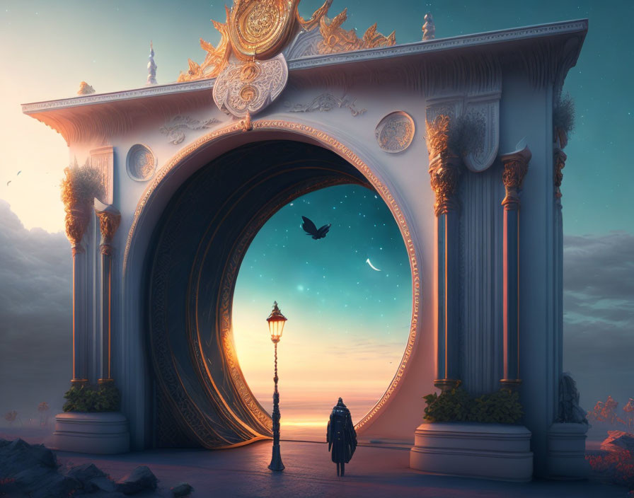 Person at ornate circular gateway under starry sky with flying bird and streetlamp