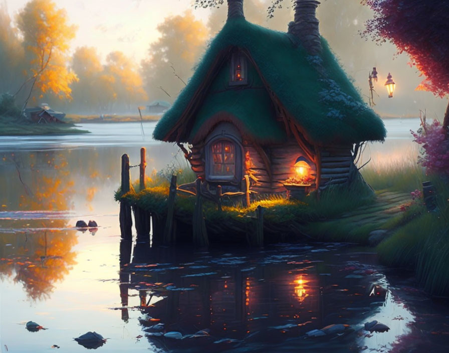 Twilight scene of thatched-roof cottage by serene lake