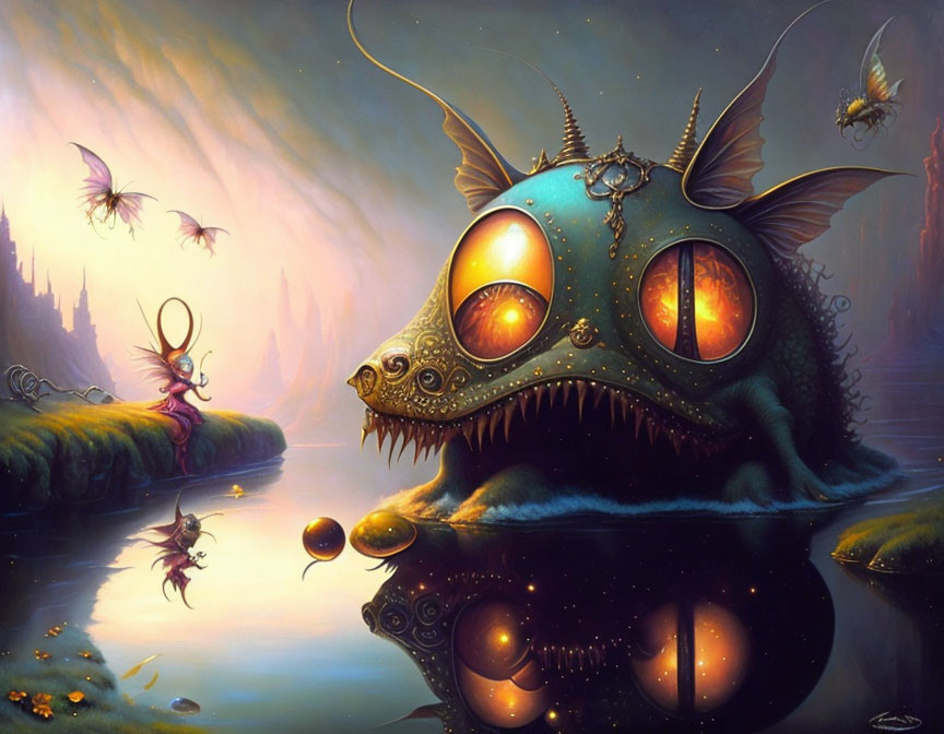 Fantastical creature painting with ornate goggles and flying beings