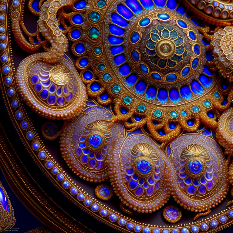 Detailed Blue and Gold Fractal Design Close-Up