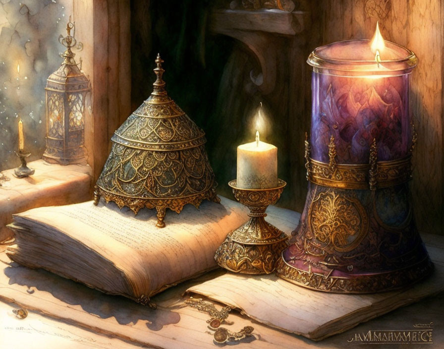 Enchanting Scene with Open Book, Candlelight, Lanterns, and Glass Jar