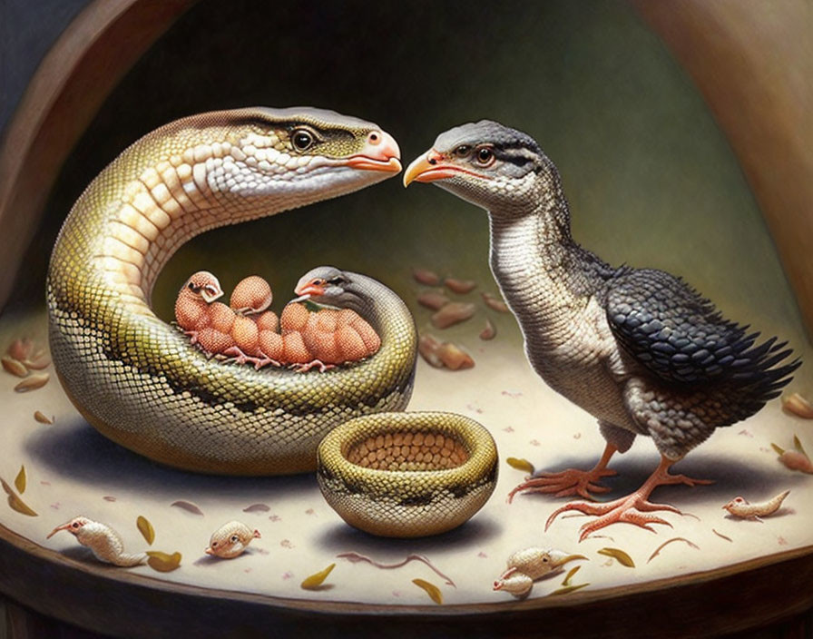 Surreal illustration of snake-bird hybrid with eggs and basket