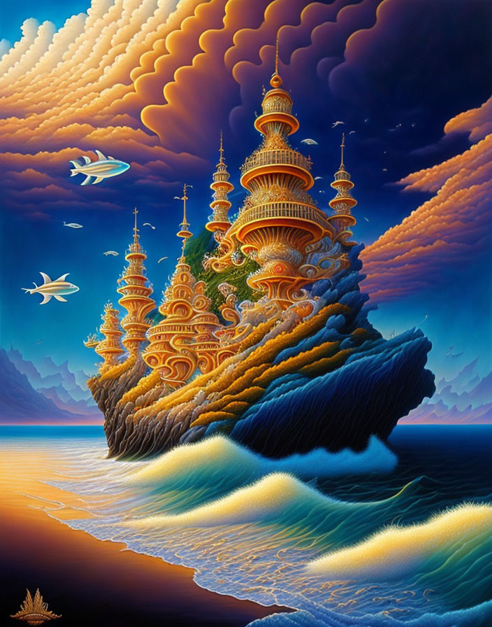 Fantastical painting of lush island with golden structures, serene ocean, and dramatic sky