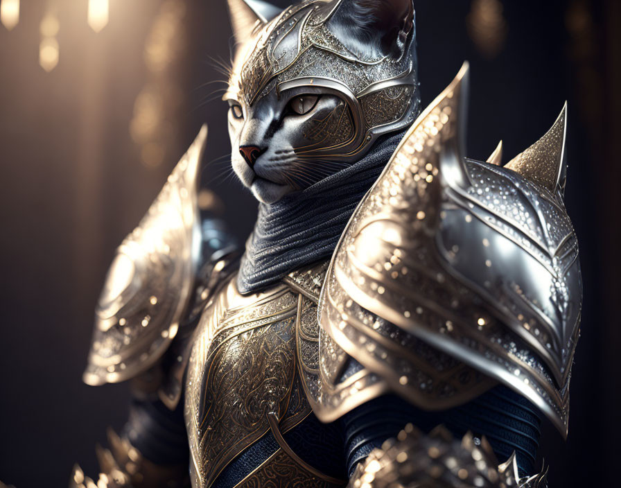 Medieval armor-clad cat with intricate engravings and stoic expression