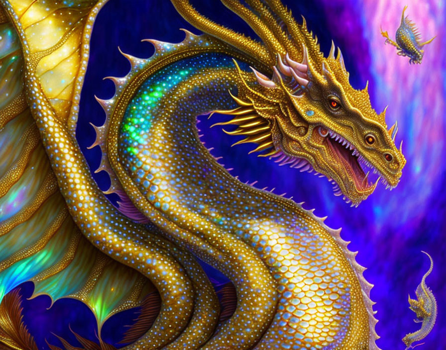 Detailed illustration: Golden dragon with iridescent scales and majestic wings on swirling blue and purple backdrop