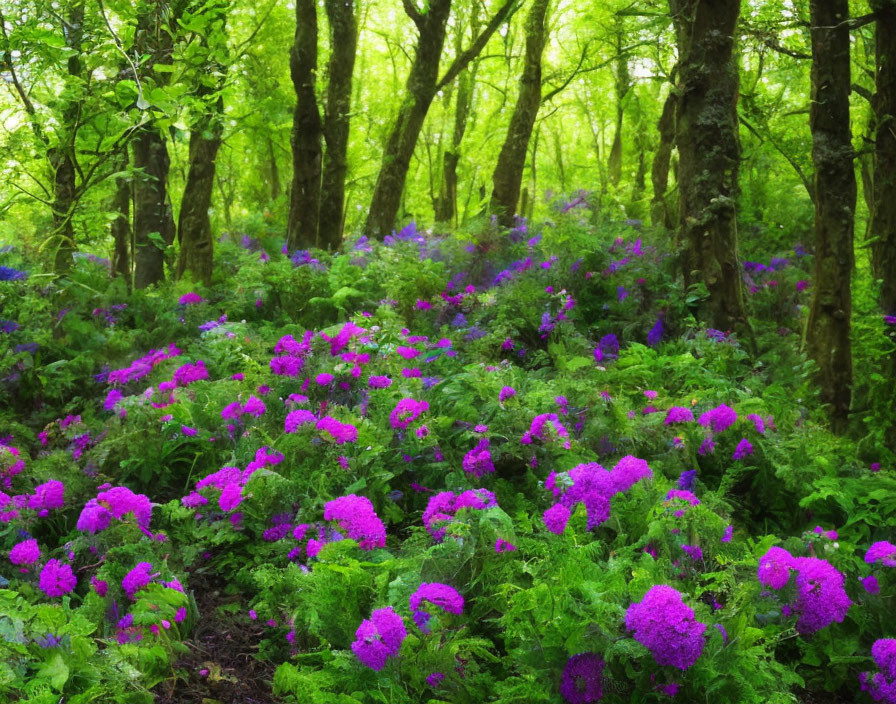 Lush Green Forest with Vibrant Purple Flowers