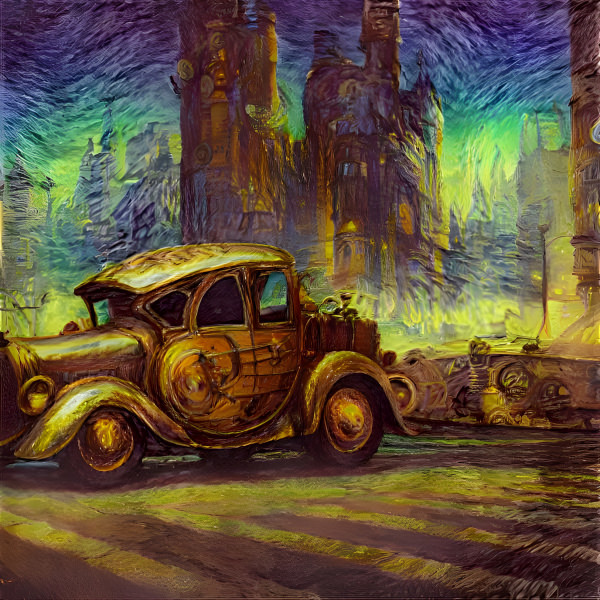 Prompt:  Old steampunk car with city futuristic ar