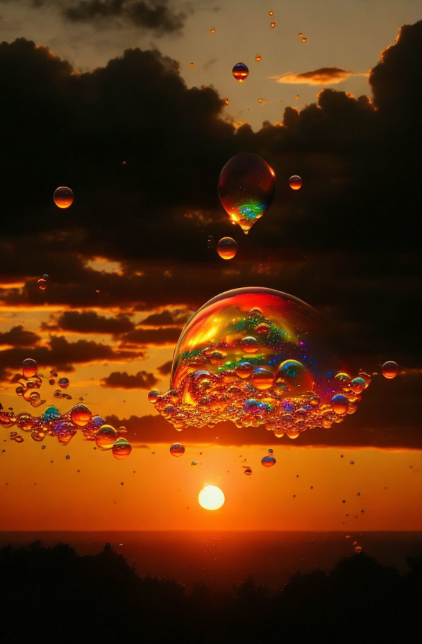 Colorful soap bubbles reflecting sunset hues.