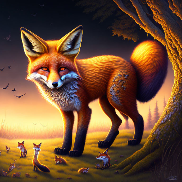 Large anthropomorphic fox in field at sunset with magical realism style