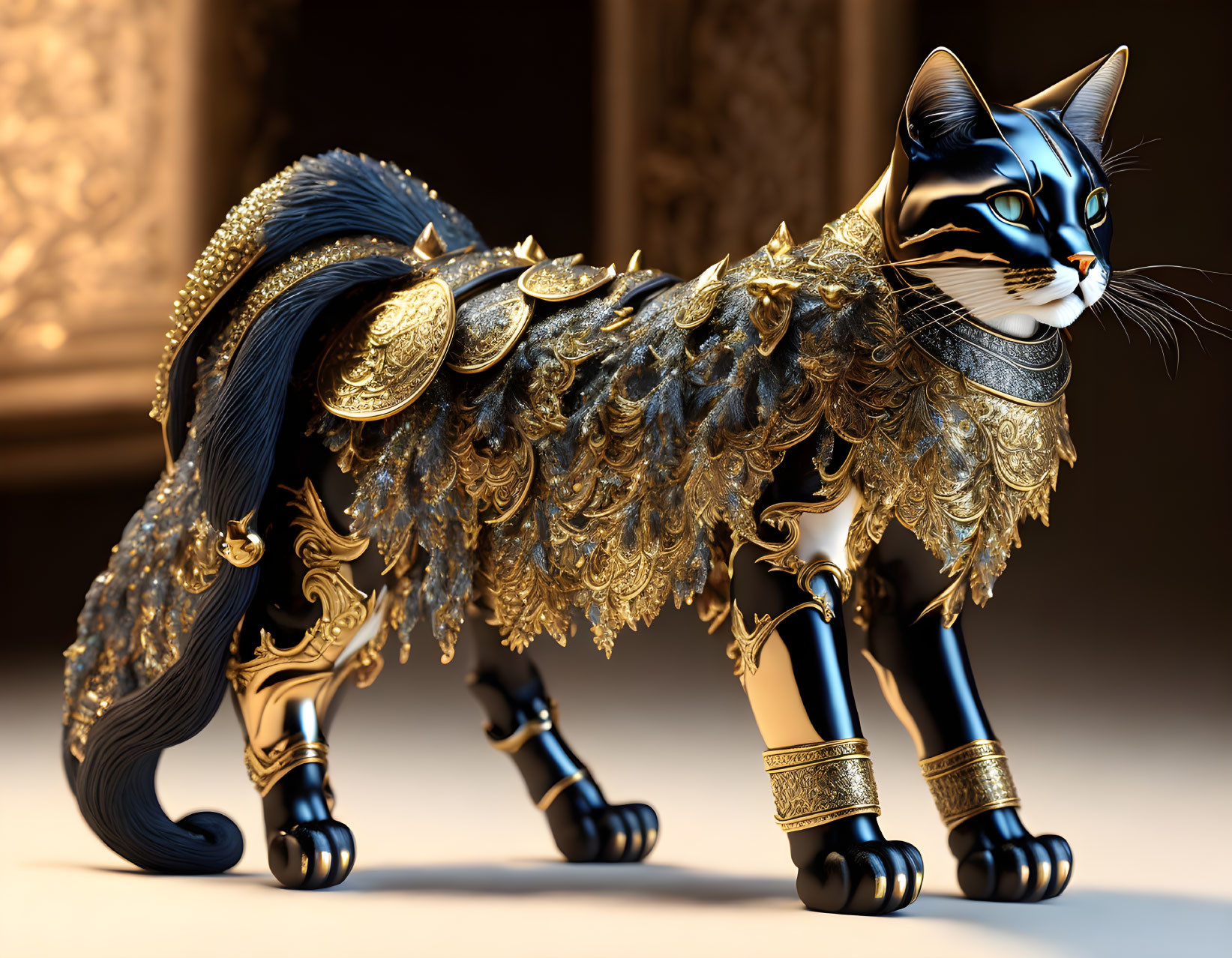 Ornate metallic cat with gold and black designs