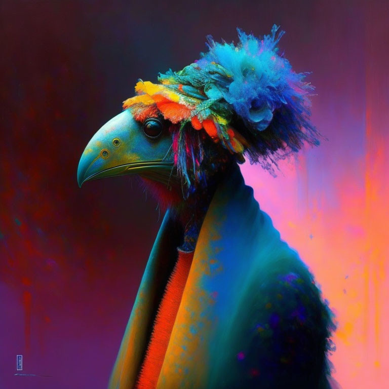 Vibrant neon bird with whimsical headpiece in purple, blue, and orange