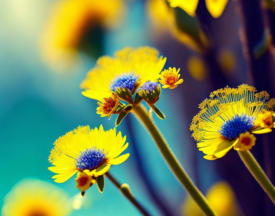 Bright Yellow Flowers with Blue Pollen Centers on Teal and Brown Background