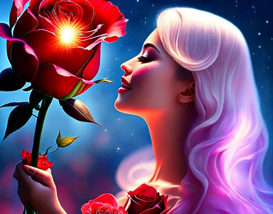 Digital artwork: Woman with pink hair and red rose on starry night.