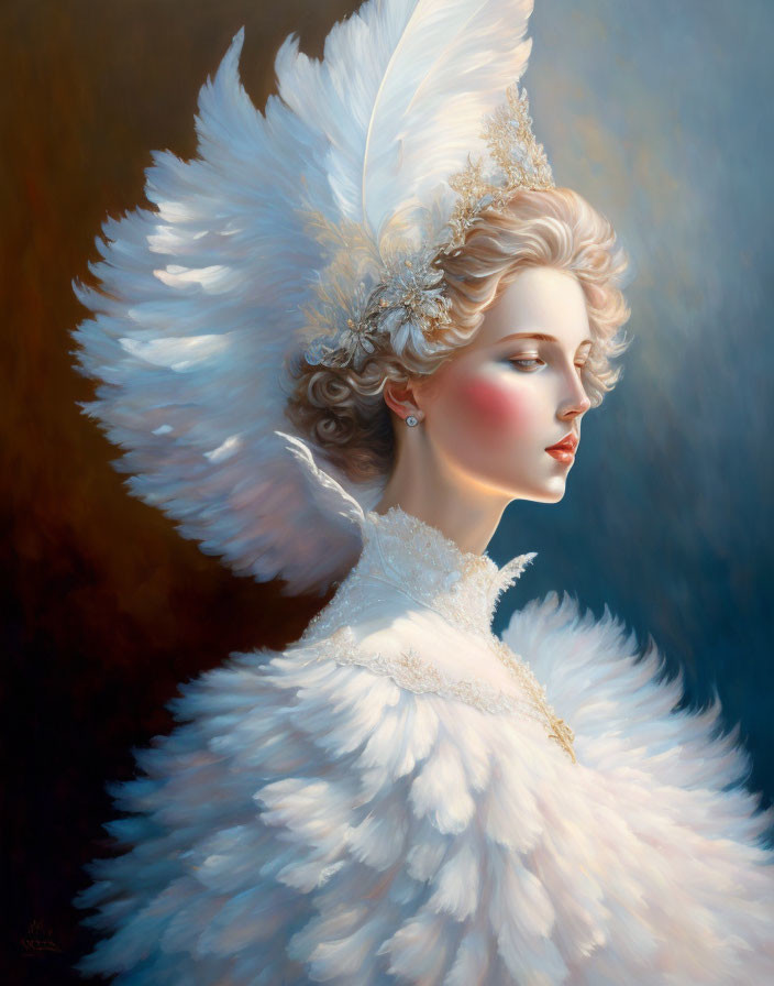 Ethereal woman with elaborate white feathers and detailed headdress