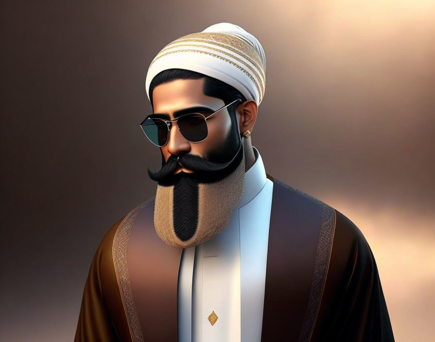 Digital illustration of man in turban with stylized beard and sunglasses on gradient backdrop