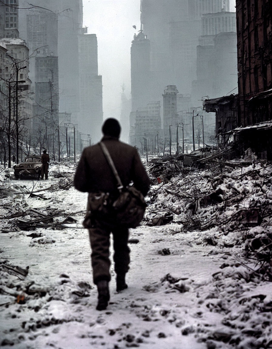 Solitary figure walking in war-torn cityscape under gloomy sky