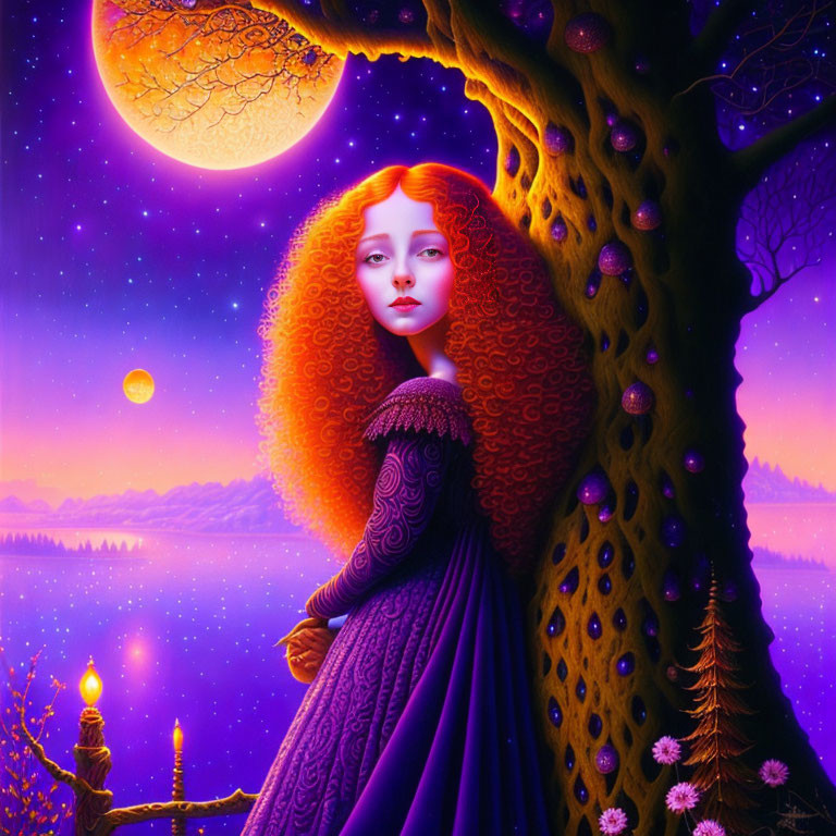 Illustration of woman with red hair under yellow moon and starry sky