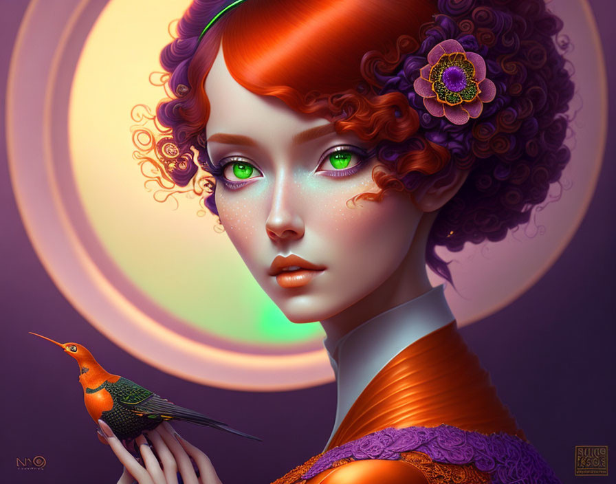 Vibrant red-haired woman holding colorful bird against warm glowing circles