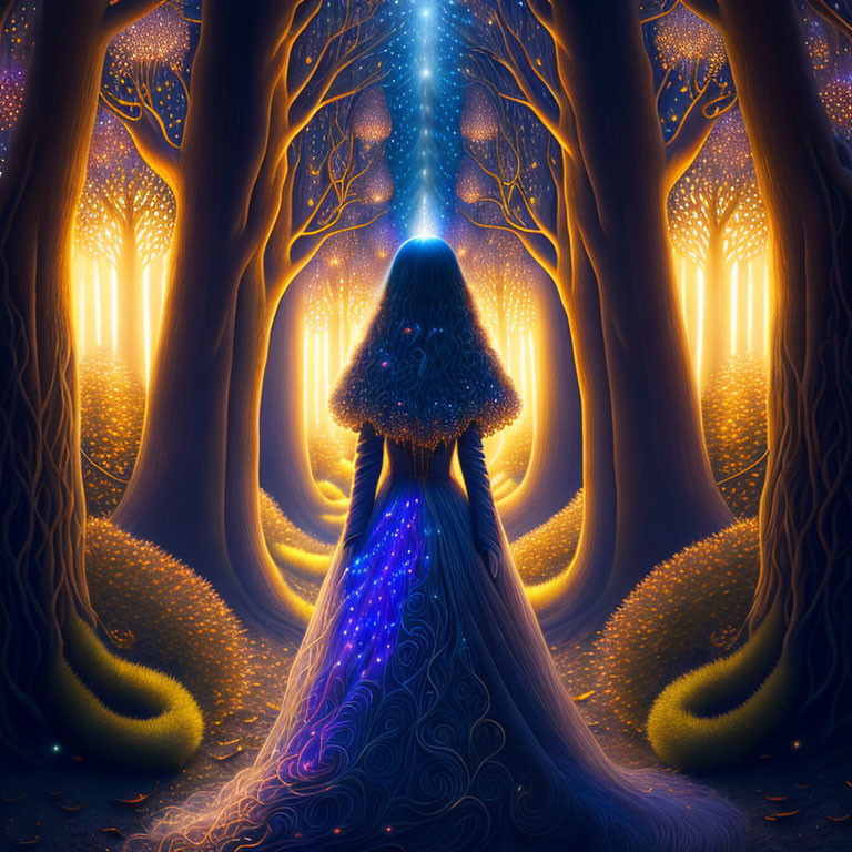 Person in flowing blue gown in front of enchanted forest with golden light and blue orbs