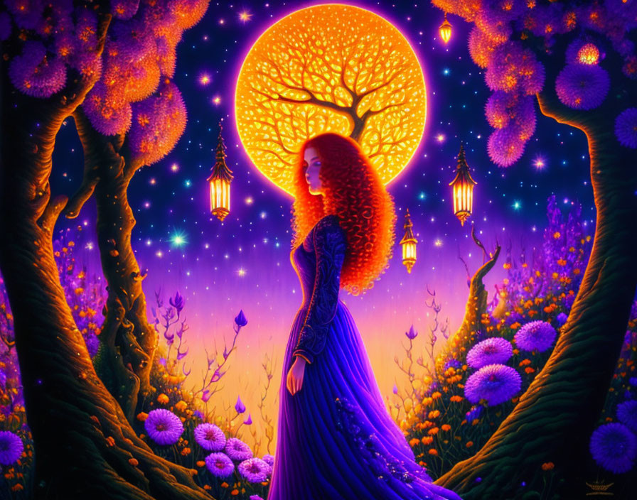 Fantasy illustration of woman with tree-like hair under full moon