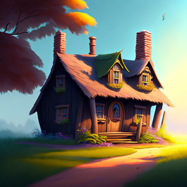 Illustration of quaint wooden cottage in lush greenery