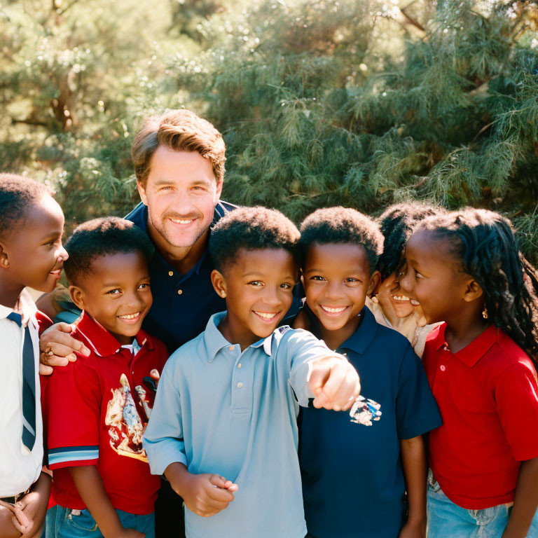 Man with six joyful children outdoors smiling.