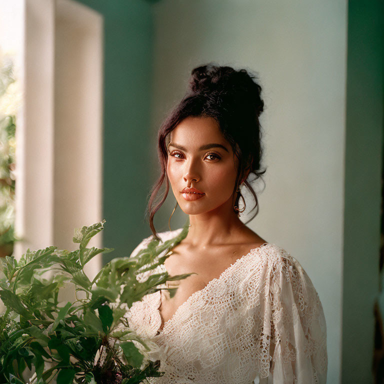 Woman in updo hairstyle wearing white lace garment beside green plants in softly lit room