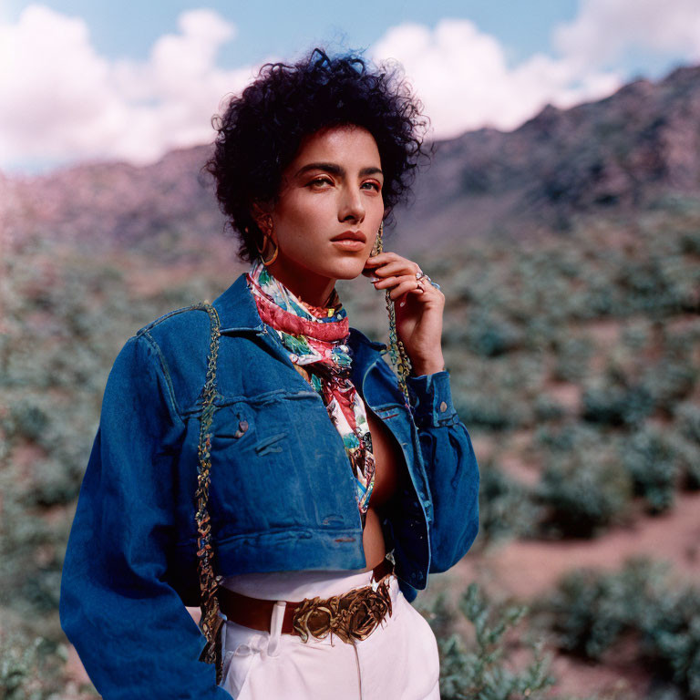 Curly-haired woman in denim jacket, white crop top, scarf, and gold belt outdoors with cloudy