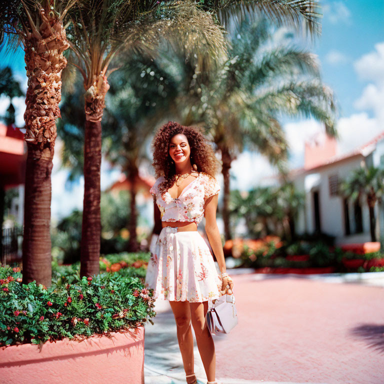 Curly-haired woman in floral outfit on sunny path with white purse