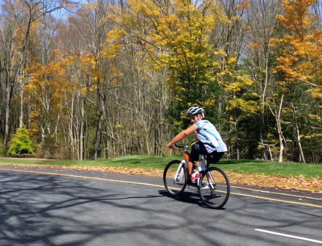 Cyclist in helmet and sports attire rides on tree-lined autumn road