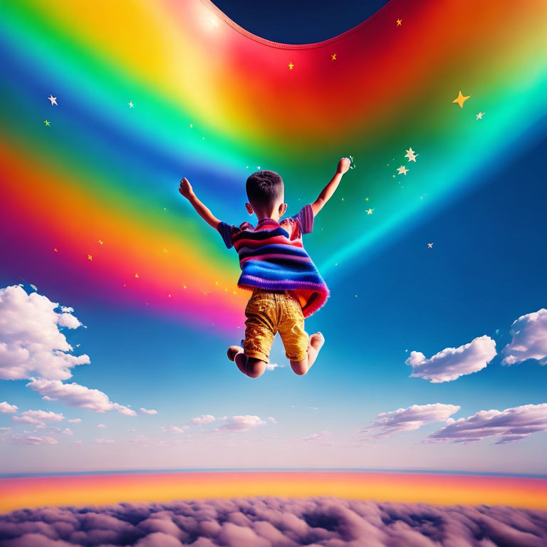 Child leaping towards vibrant rainbow in serene sky landscape