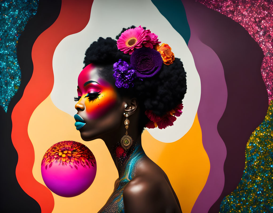 Woman with vibrant makeup and flower-adorned hair against colorful backdrop