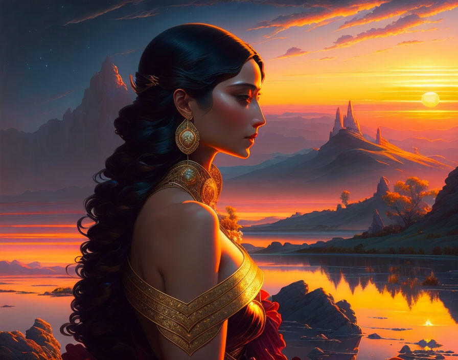 Digital artwork: Woman with dark hair and gold jewelry admiring sunset over calm lake with mountains.