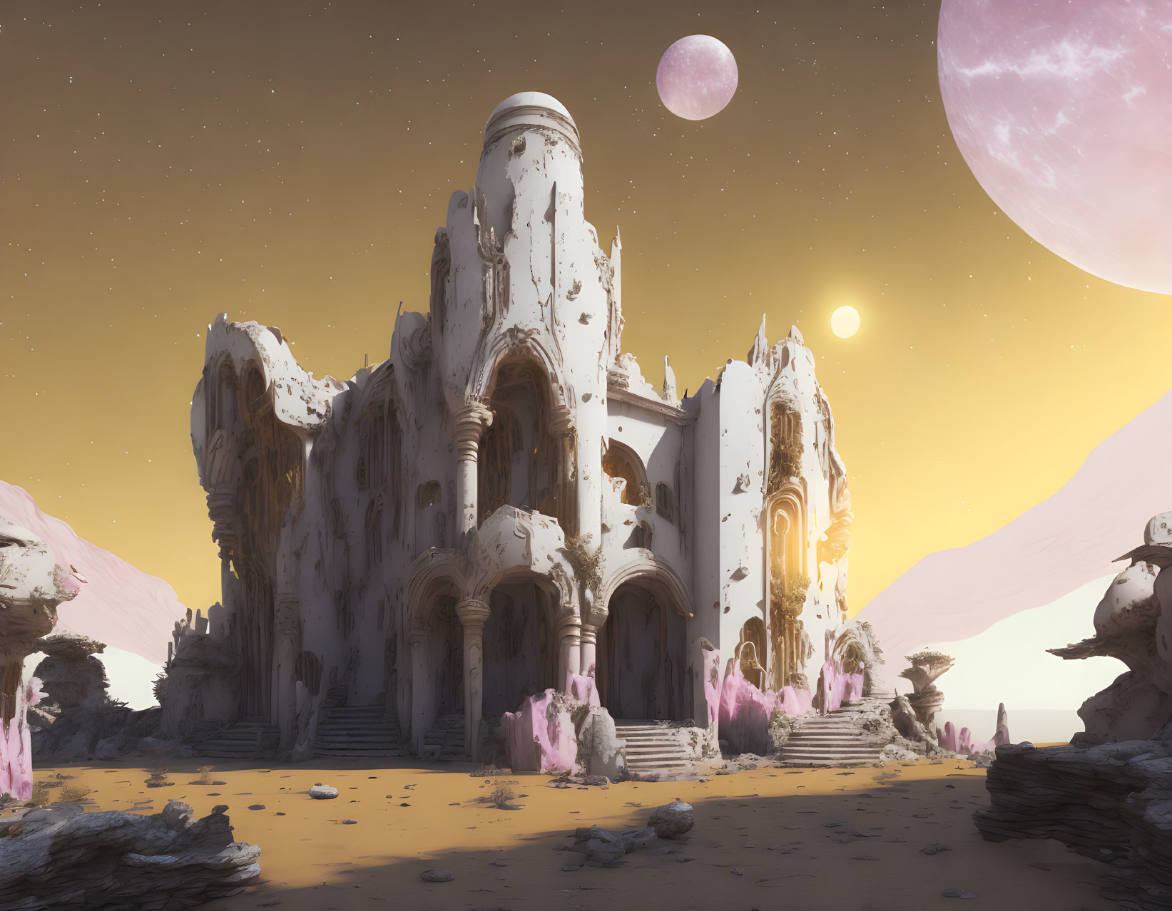 Surreal desert landscape with cathedral ruin and two moons