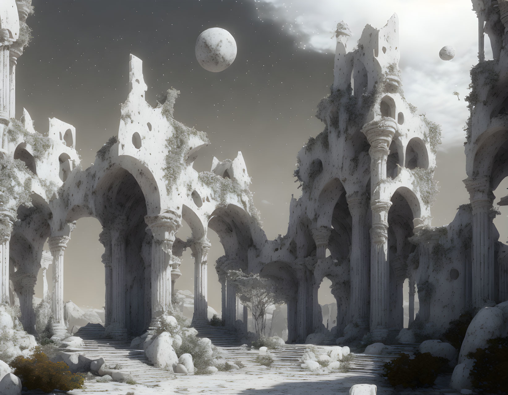 Ancient ruined columns and arches under multiple moons in snowy landscape