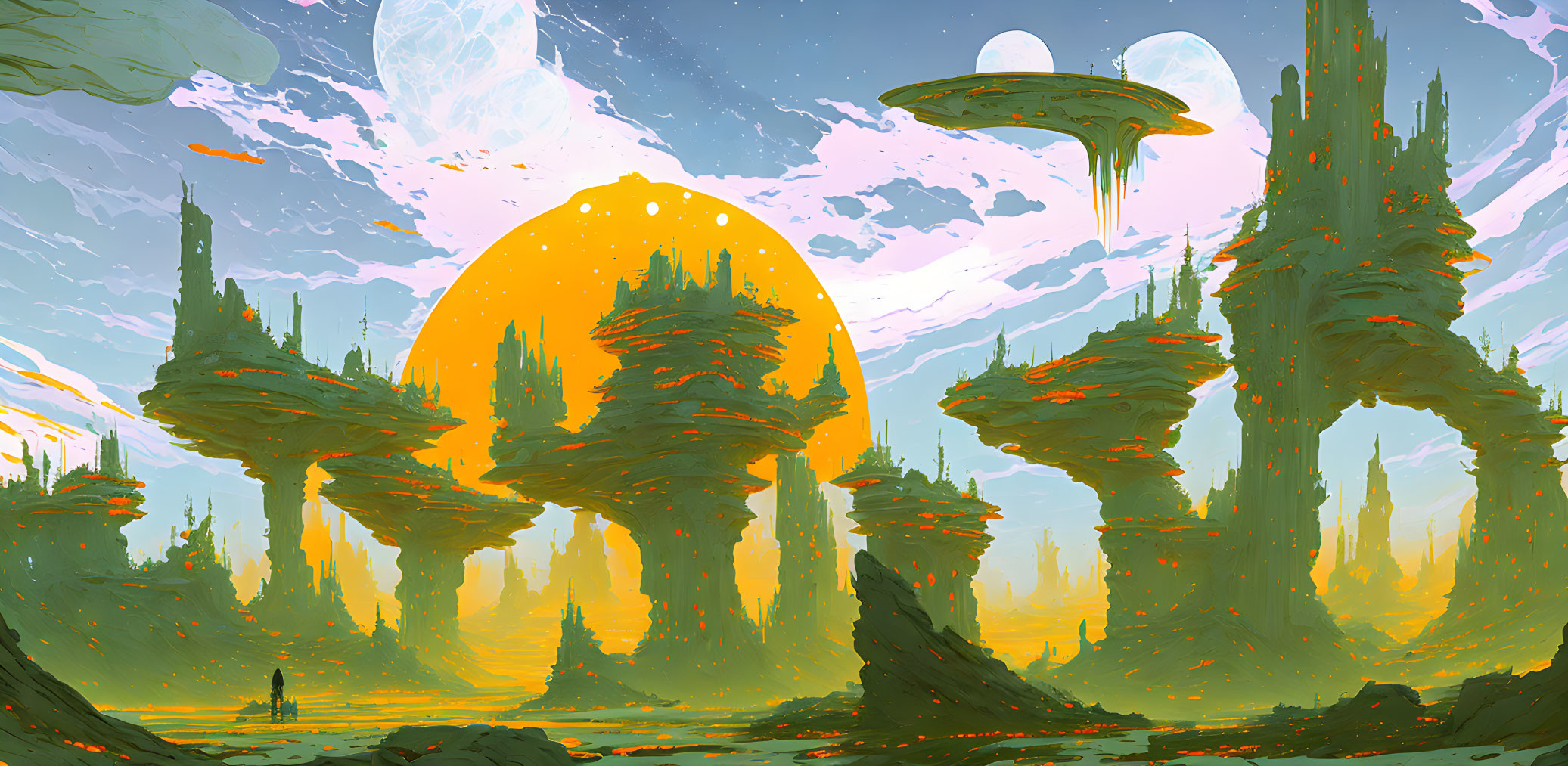 Alien landscape with towering rock formations and futuristic structures