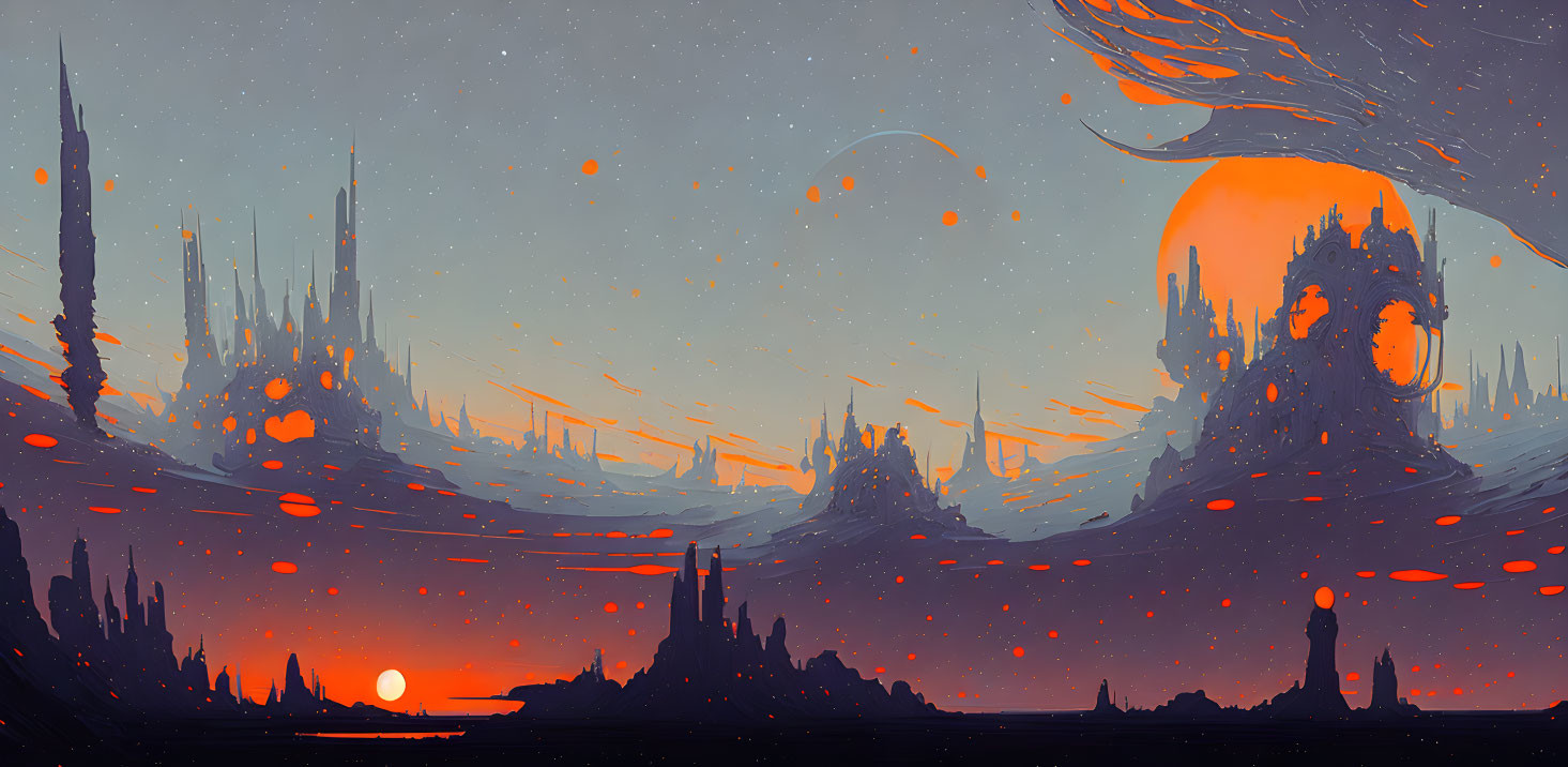 Futuristic sci-fi landscape with orange sky, multiple suns, and floating embers