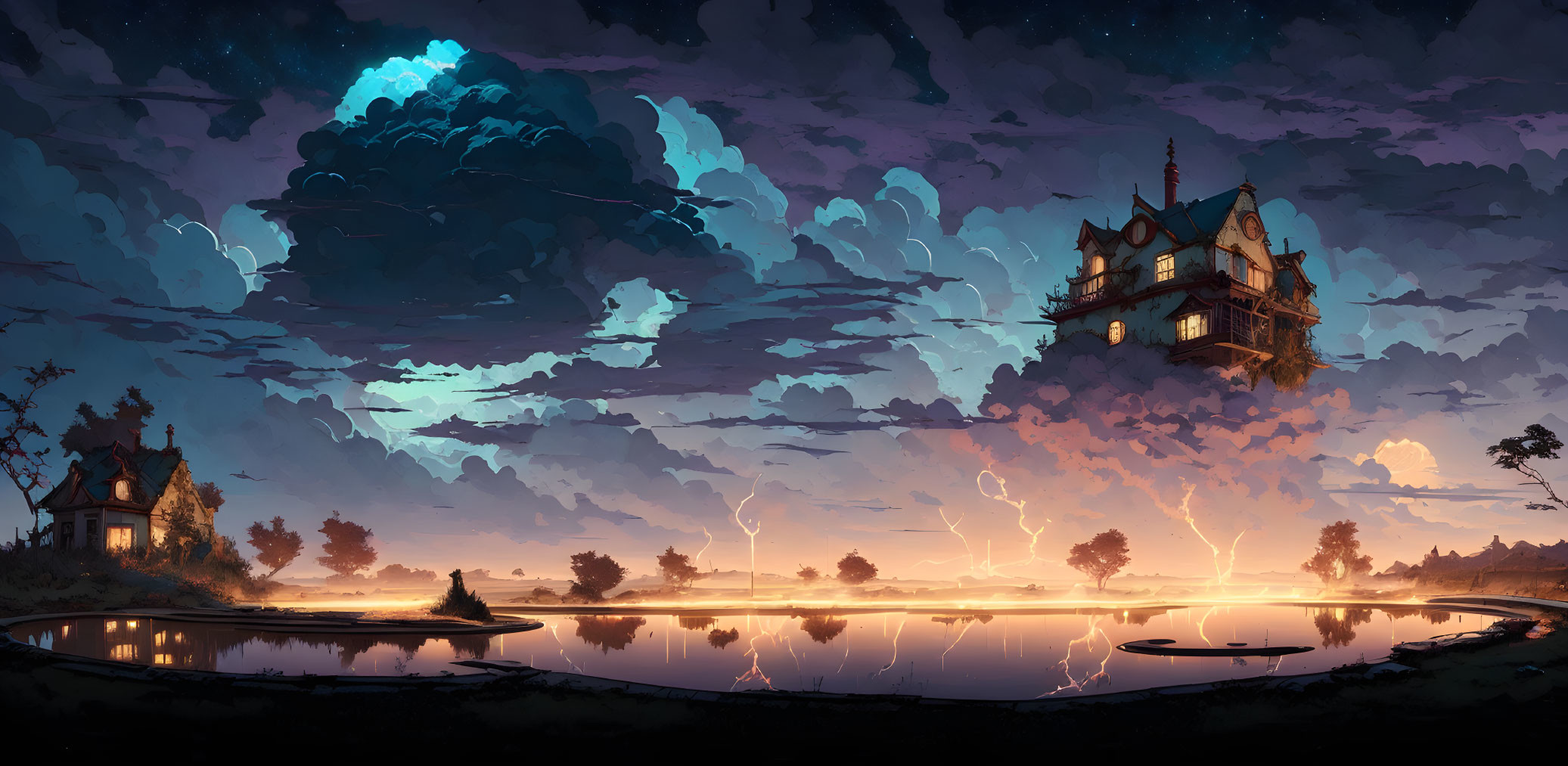 Serene lake night landscape with floating house, luminous moon, and distant lightning