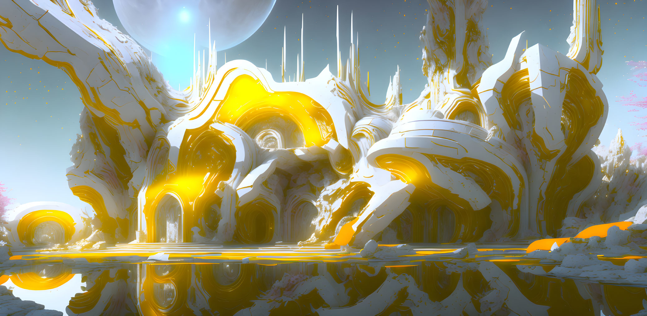 Futuristic cityscape with golden and white structures in alien landscape