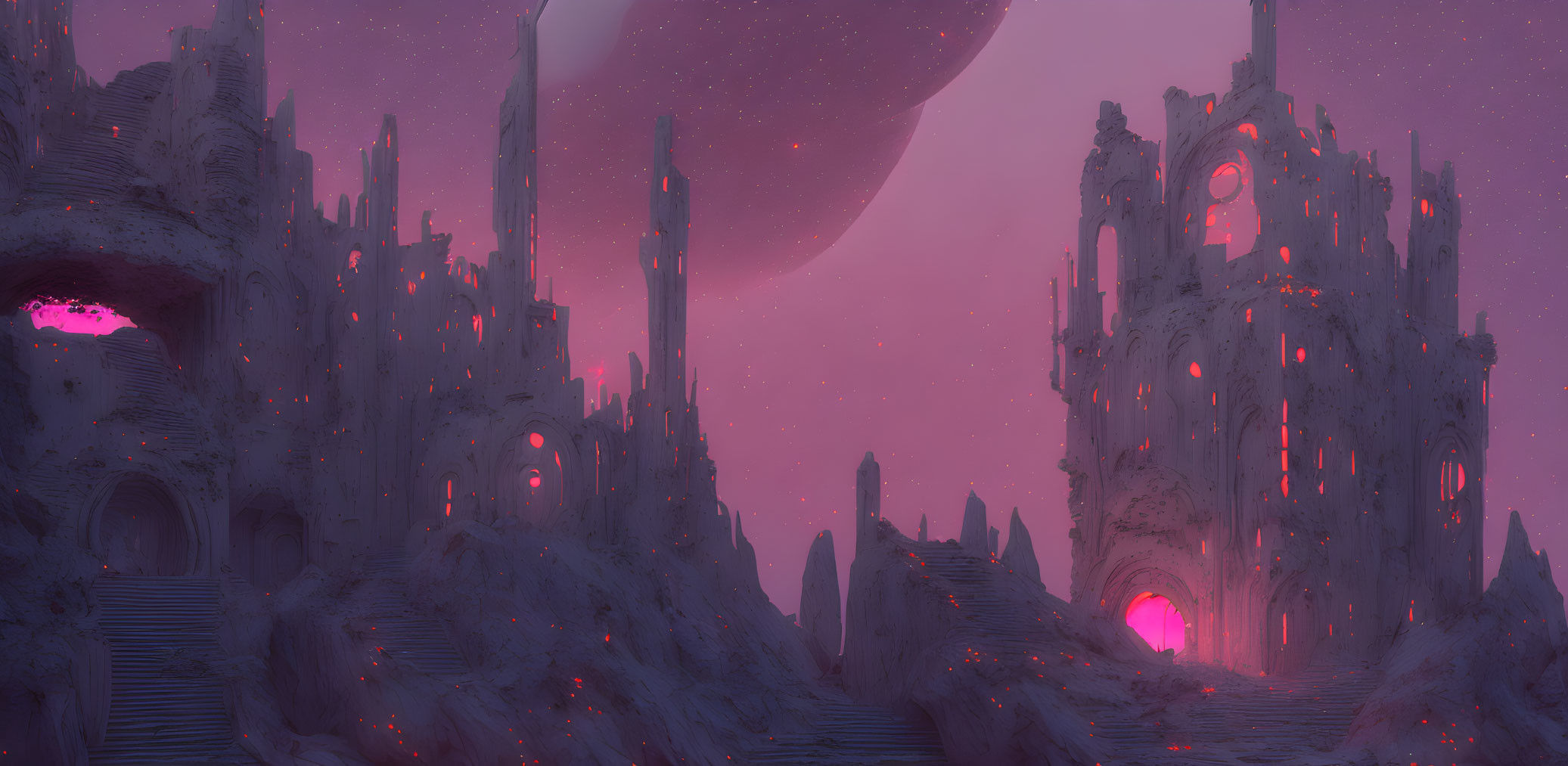 Fantastical alien landscape with towering structures and glowing pink windows under a purple sky.