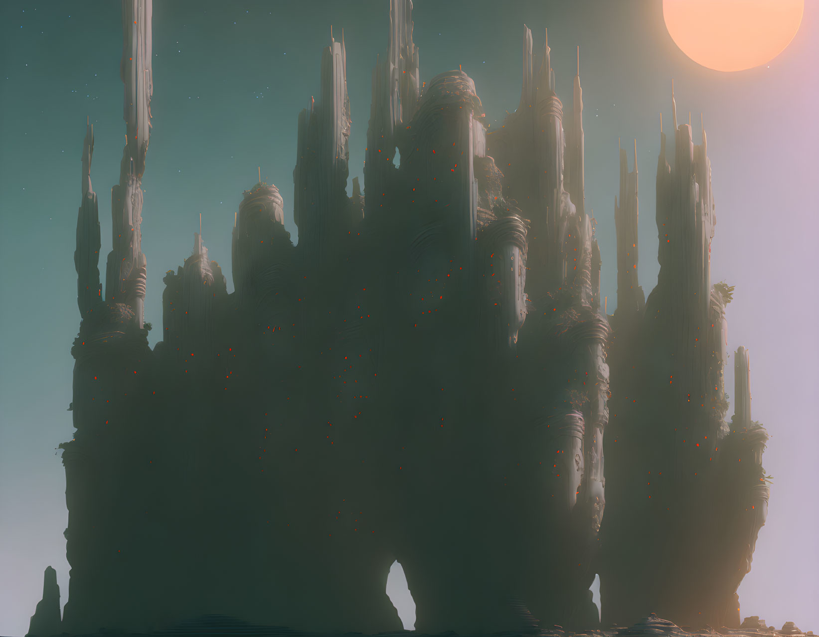 Surreal landscape with towering spire-like rock formations under an alien sky