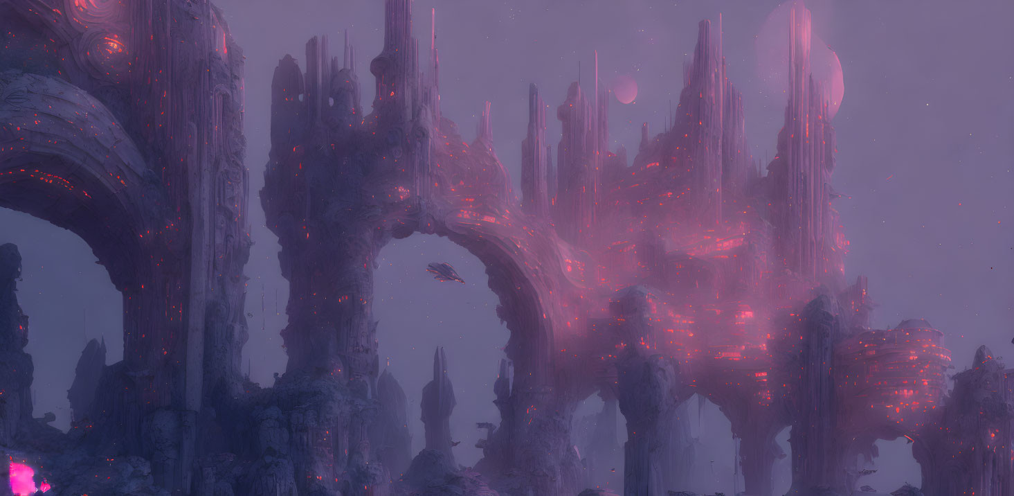 Alien landscape with glowing red structures and towering spires