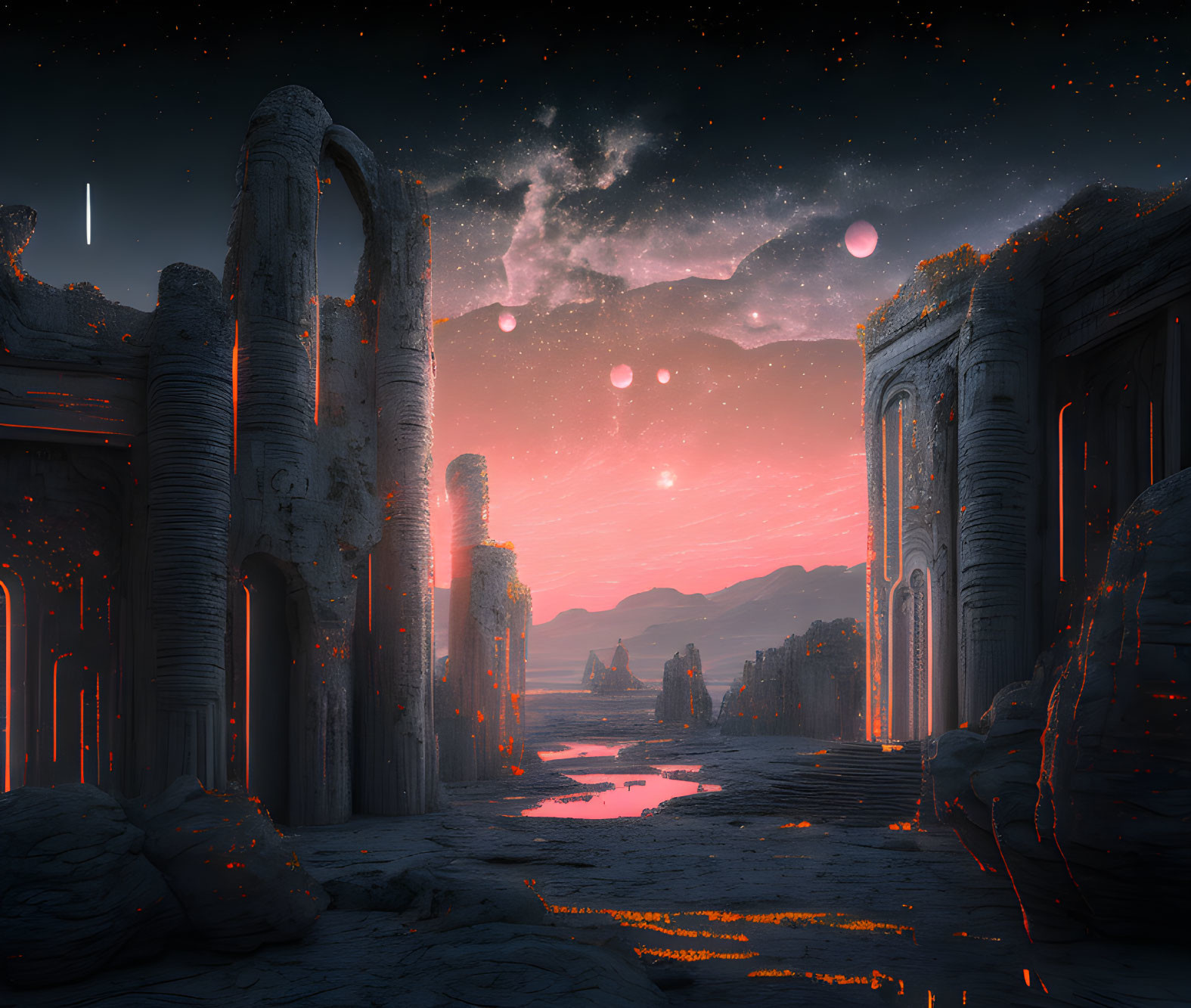 Ancient ruins with glowing markings under starry sky and multiple moons, by red sunset water.