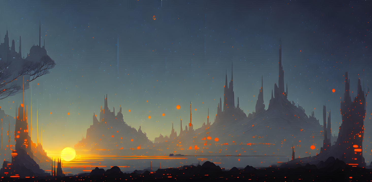 Alien landscape: towering spires, floating particles, large sun on the horizon