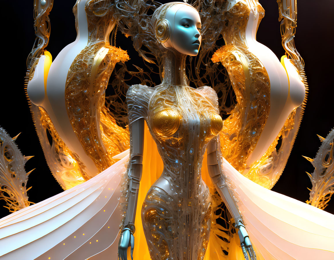 Futuristic metallic female figure with gold details and white wings on dark background