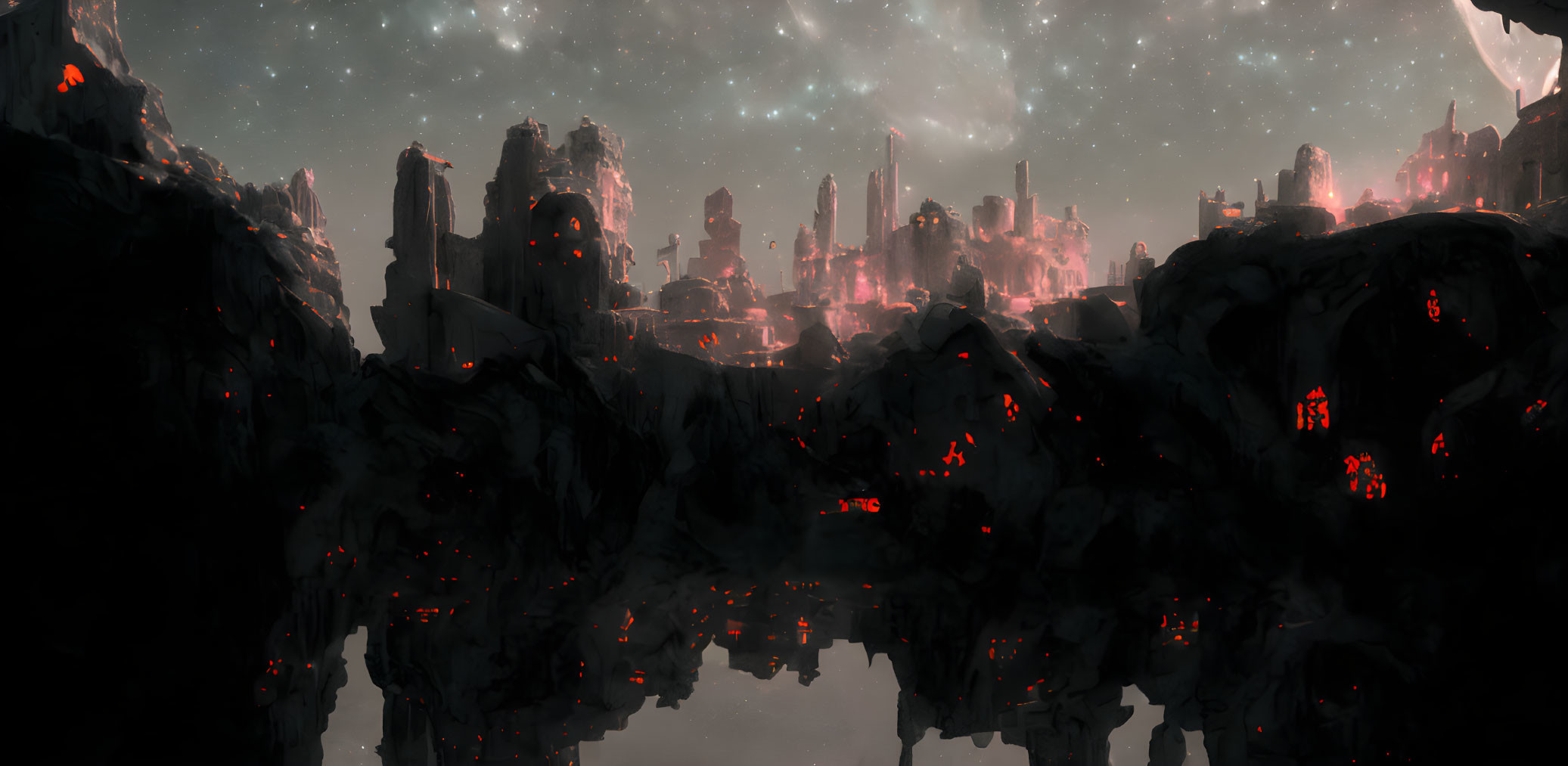 Dystopian landscape with red lava cracks, dark rock formations, ruins, and starry night sky