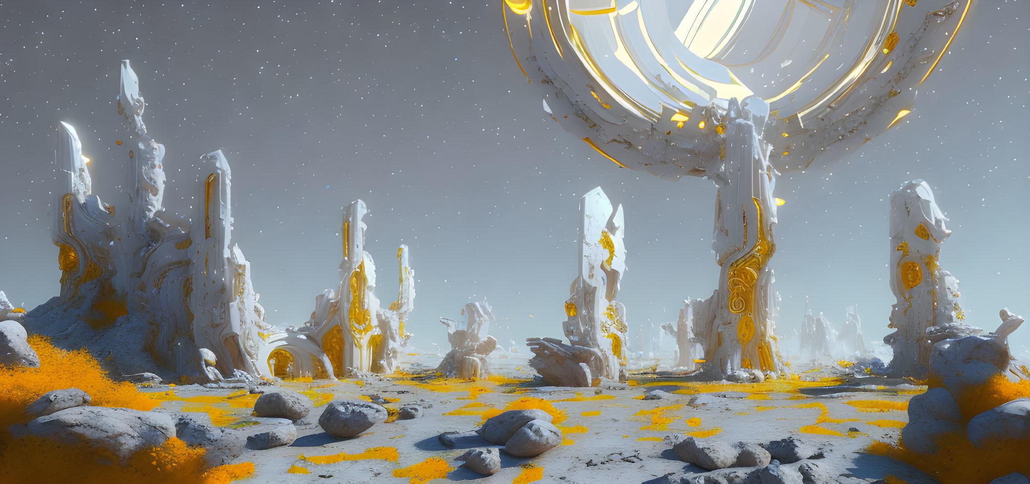 Futuristic landscape with crystalline towers and golden gate under bright sky