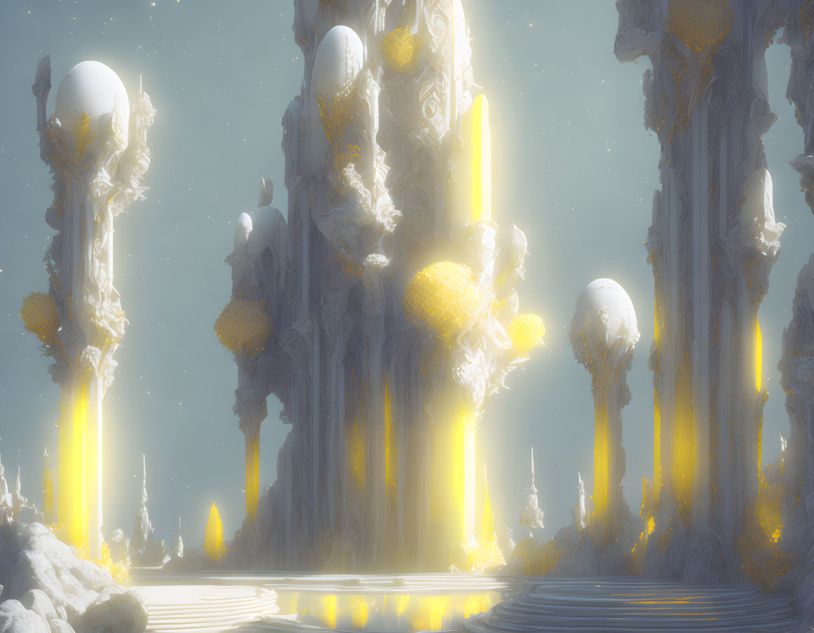 Fantastical landscape with towering pillars and glowing lights